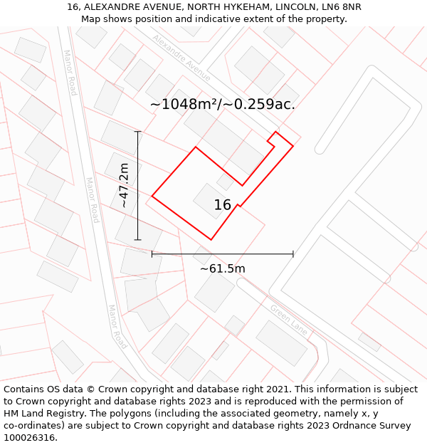 16, ALEXANDRE AVENUE, NORTH HYKEHAM, LINCOLN, LN6 8NR: Plot and title map