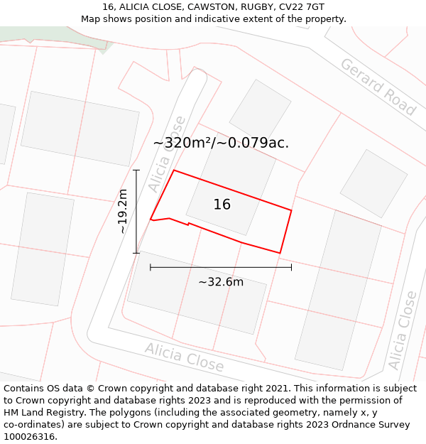 16, ALICIA CLOSE, CAWSTON, RUGBY, CV22 7GT: Plot and title map