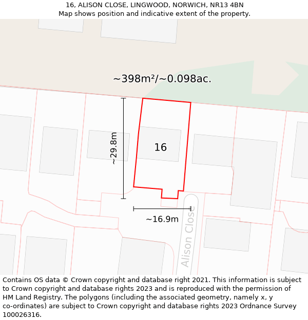 16, ALISON CLOSE, LINGWOOD, NORWICH, NR13 4BN: Plot and title map