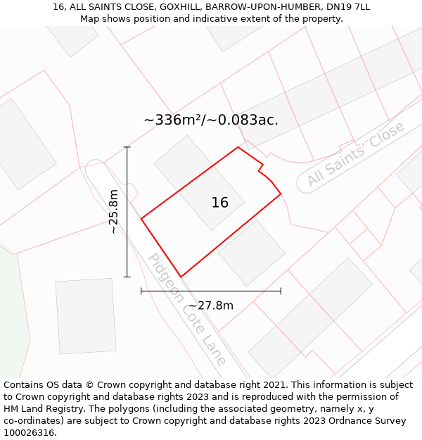 16, ALL SAINTS CLOSE, GOXHILL, BARROW-UPON-HUMBER, DN19 7LL: Plot and title map