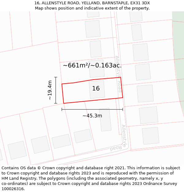 16, ALLENSTYLE ROAD, YELLAND, BARNSTAPLE, EX31 3DX: Plot and title map