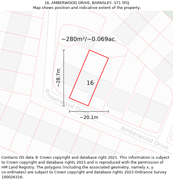 16, AMBERWOOD DRIVE, BARNSLEY, S71 5FQ: Plot and title map