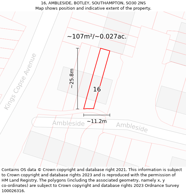 16, AMBLESIDE, BOTLEY, SOUTHAMPTON, SO30 2NS: Plot and title map