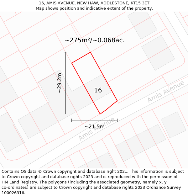 16, AMIS AVENUE, NEW HAW, ADDLESTONE, KT15 3ET: Plot and title map