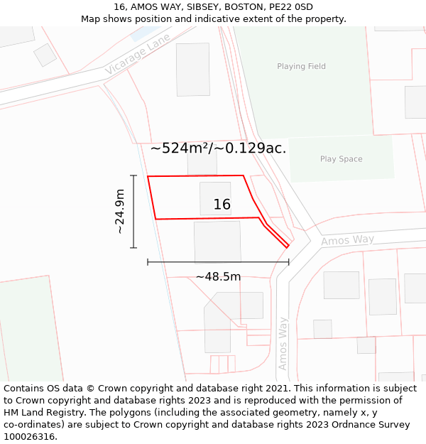 16, AMOS WAY, SIBSEY, BOSTON, PE22 0SD: Plot and title map