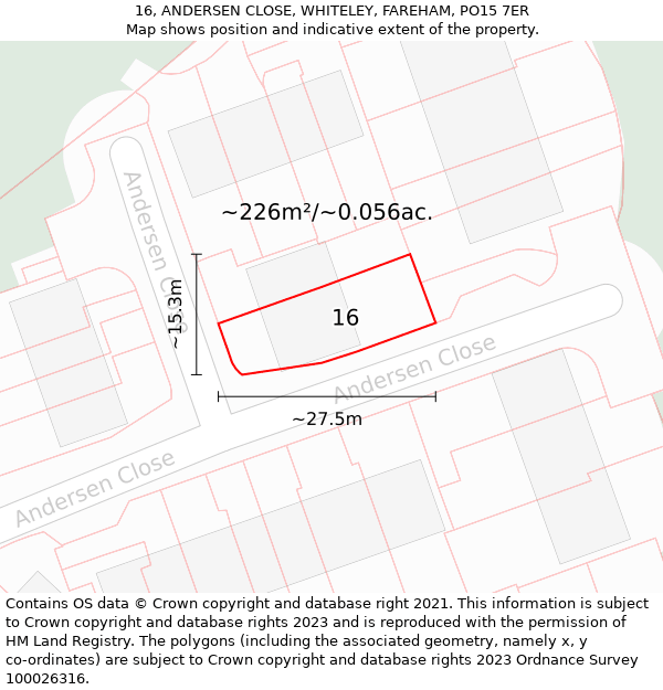 16, ANDERSEN CLOSE, WHITELEY, FAREHAM, PO15 7ER: Plot and title map