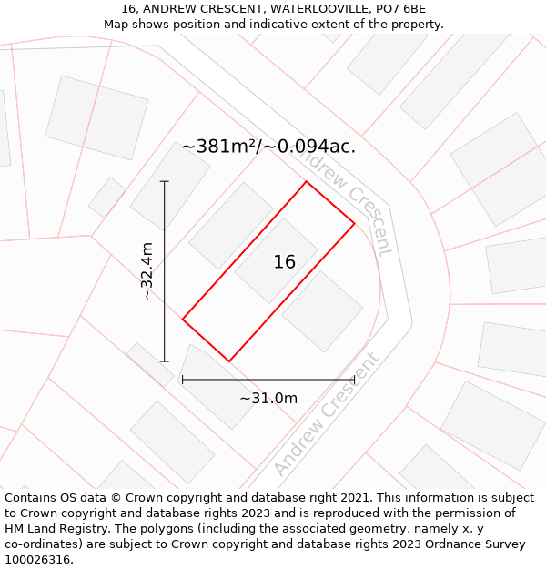 16, ANDREW CRESCENT, WATERLOOVILLE, PO7 6BE: Plot and title map