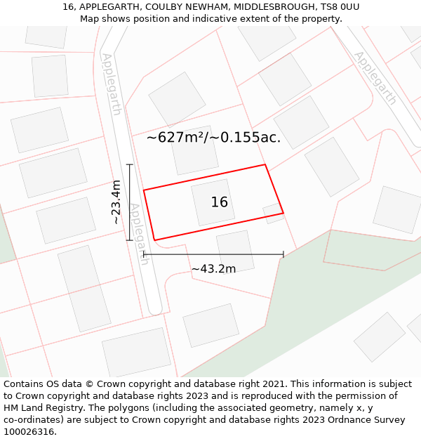 16, APPLEGARTH, COULBY NEWHAM, MIDDLESBROUGH, TS8 0UU: Plot and title map