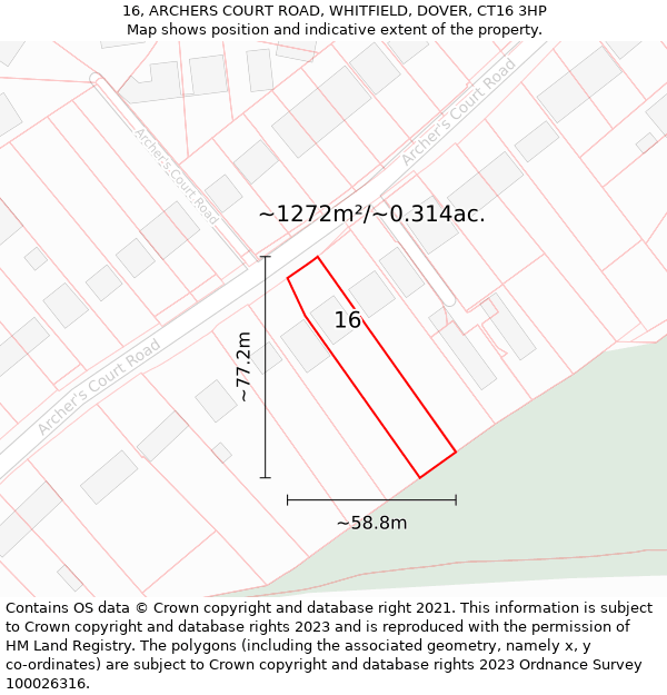 16, ARCHERS COURT ROAD, WHITFIELD, DOVER, CT16 3HP: Plot and title map