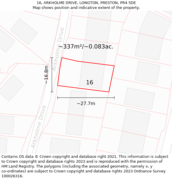 16, ARKHOLME DRIVE, LONGTON, PRESTON, PR4 5DE: Plot and title map