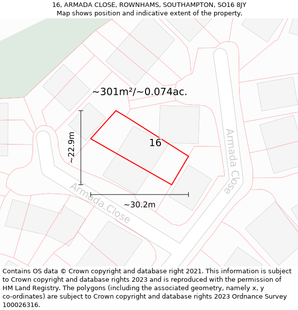 16, ARMADA CLOSE, ROWNHAMS, SOUTHAMPTON, SO16 8JY: Plot and title map