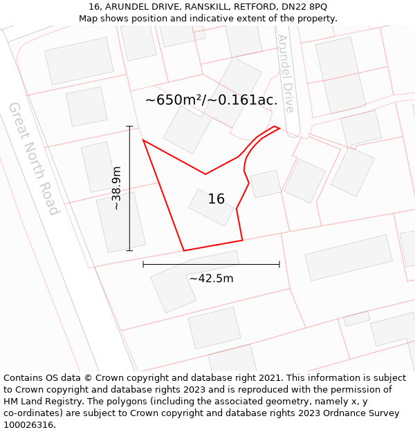 16, ARUNDEL DRIVE, RANSKILL, RETFORD, DN22 8PQ: Plot and title map