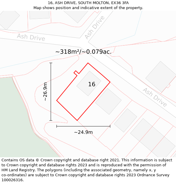 16, ASH DRIVE, SOUTH MOLTON, EX36 3FA: Plot and title map