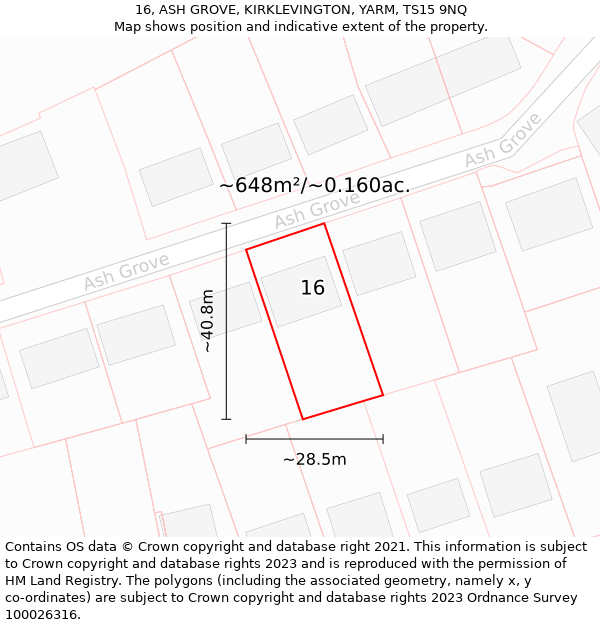 16, ASH GROVE, KIRKLEVINGTON, YARM, TS15 9NQ: Plot and title map