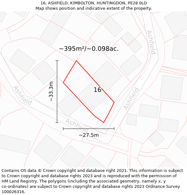 16, ASHFIELD, KIMBOLTON, HUNTINGDON, PE28 0LD: Plot and title map