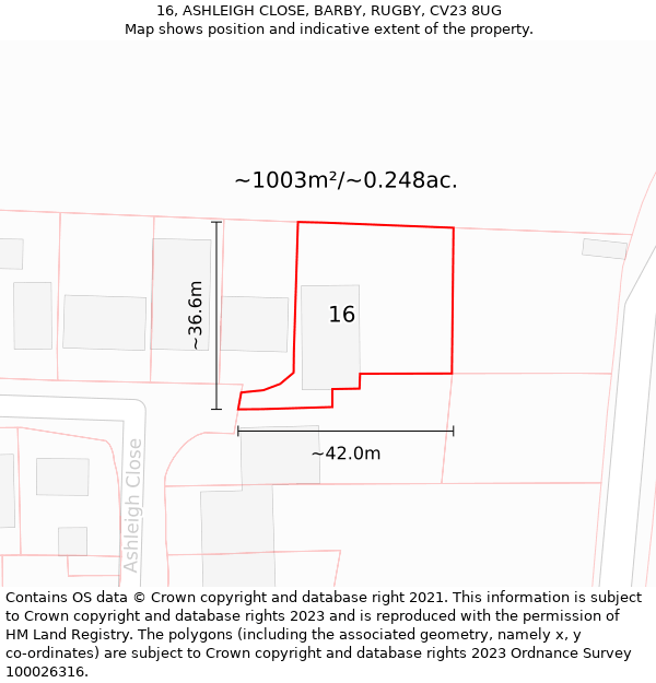 16, ASHLEIGH CLOSE, BARBY, RUGBY, CV23 8UG: Plot and title map