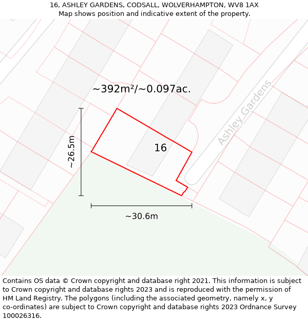 16, ASHLEY GARDENS, CODSALL, WOLVERHAMPTON, WV8 1AX: Plot and title map