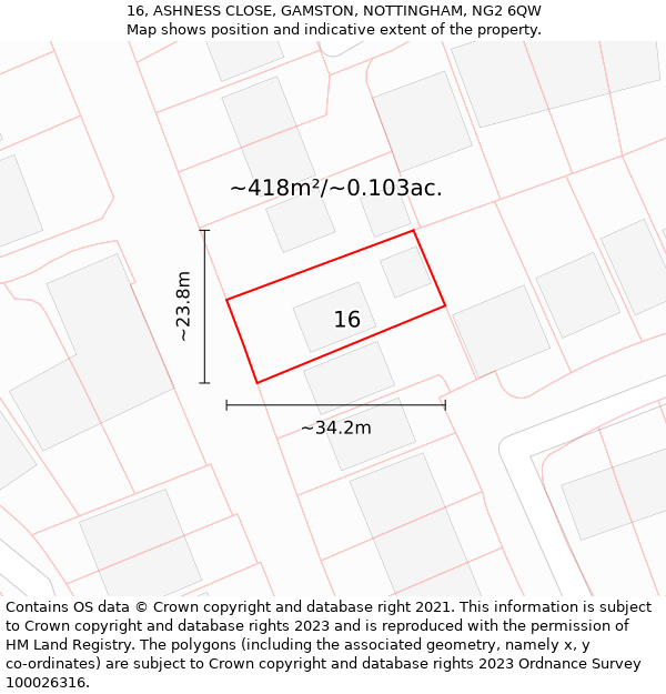 16, ASHNESS CLOSE, GAMSTON, NOTTINGHAM, NG2 6QW: Plot and title map