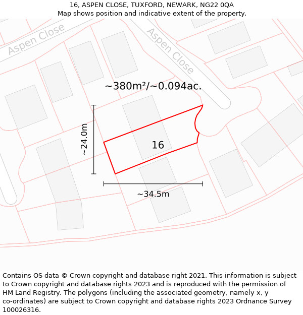 16, ASPEN CLOSE, TUXFORD, NEWARK, NG22 0QA: Plot and title map