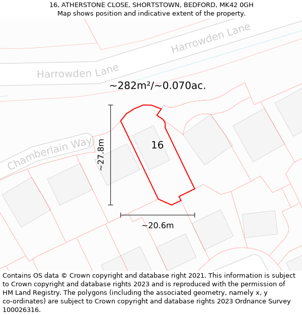 16, ATHERSTONE CLOSE, SHORTSTOWN, BEDFORD, MK42 0GH: Plot and title map