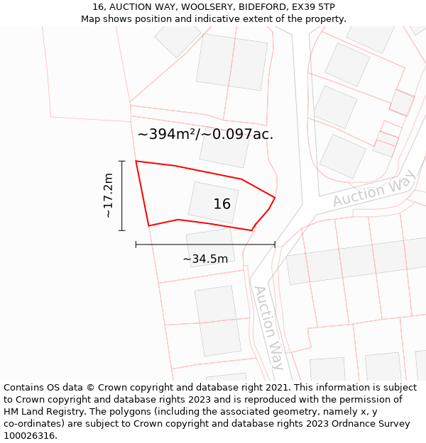 16, AUCTION WAY, WOOLSERY, BIDEFORD, EX39 5TP: Plot and title map