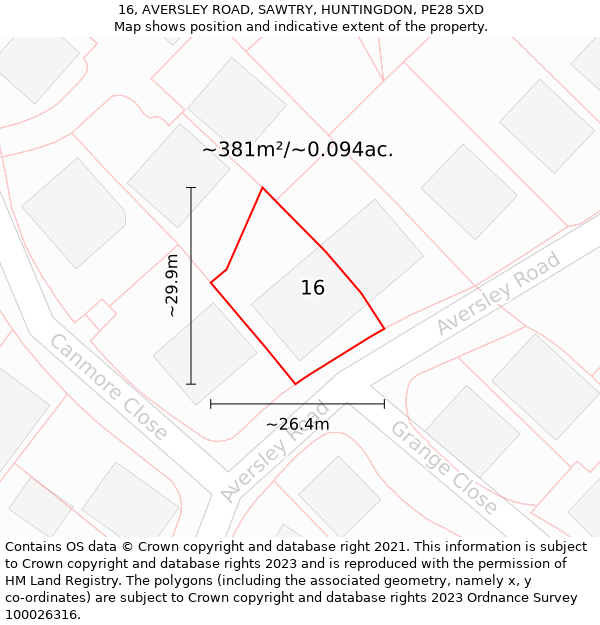 16, AVERSLEY ROAD, SAWTRY, HUNTINGDON, PE28 5XD: Plot and title map