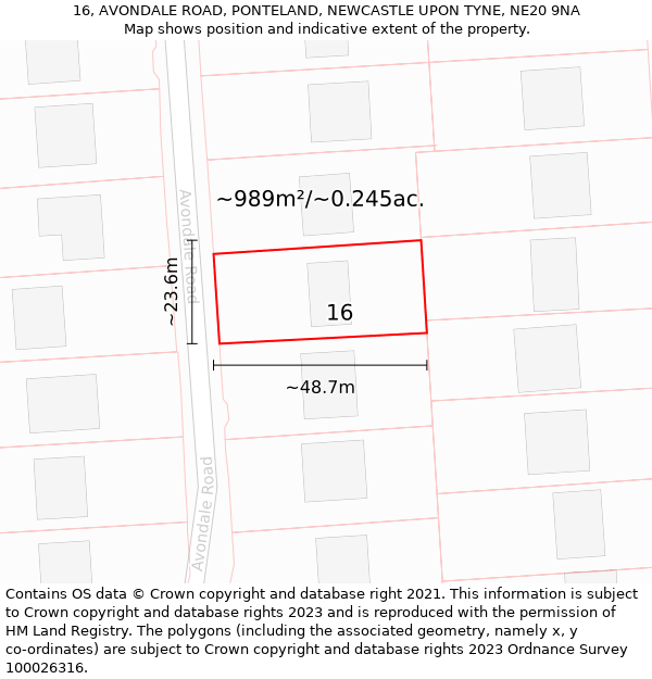 16, AVONDALE ROAD, PONTELAND, NEWCASTLE UPON TYNE, NE20 9NA: Plot and title map