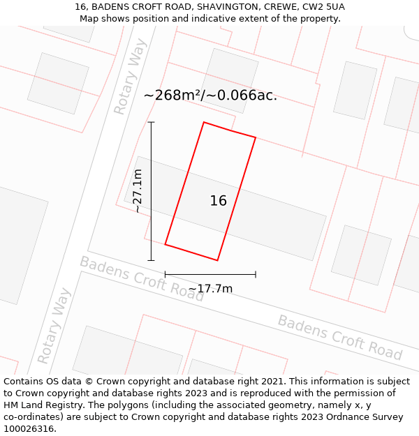 16, BADENS CROFT ROAD, SHAVINGTON, CREWE, CW2 5UA: Plot and title map