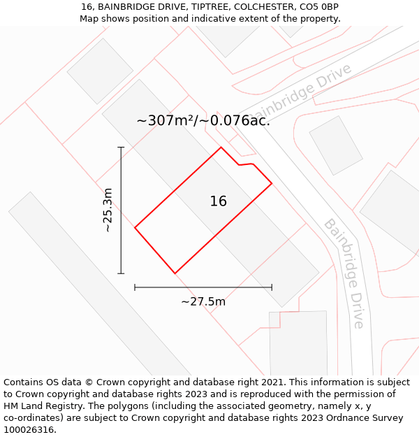 16, BAINBRIDGE DRIVE, TIPTREE, COLCHESTER, CO5 0BP: Plot and title map