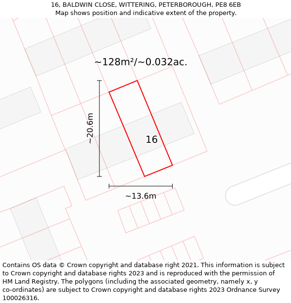 16, BALDWIN CLOSE, WITTERING, PETERBOROUGH, PE8 6EB: Plot and title map