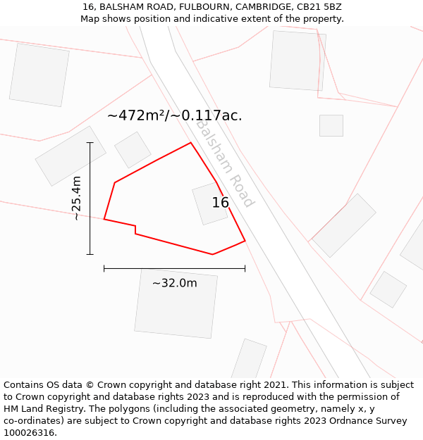 16, BALSHAM ROAD, FULBOURN, CAMBRIDGE, CB21 5BZ: Plot and title map