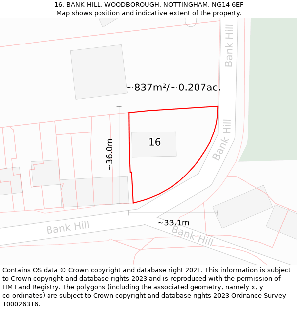 16, BANK HILL, WOODBOROUGH, NOTTINGHAM, NG14 6EF: Plot and title map