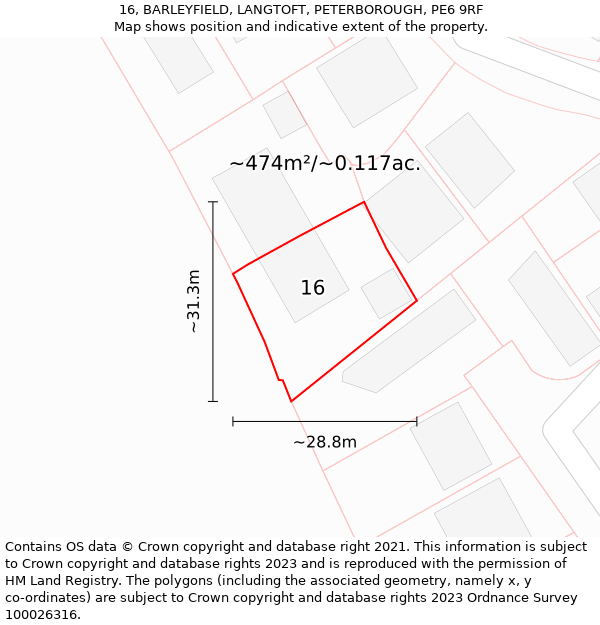 16, BARLEYFIELD, LANGTOFT, PETERBOROUGH, PE6 9RF: Plot and title map