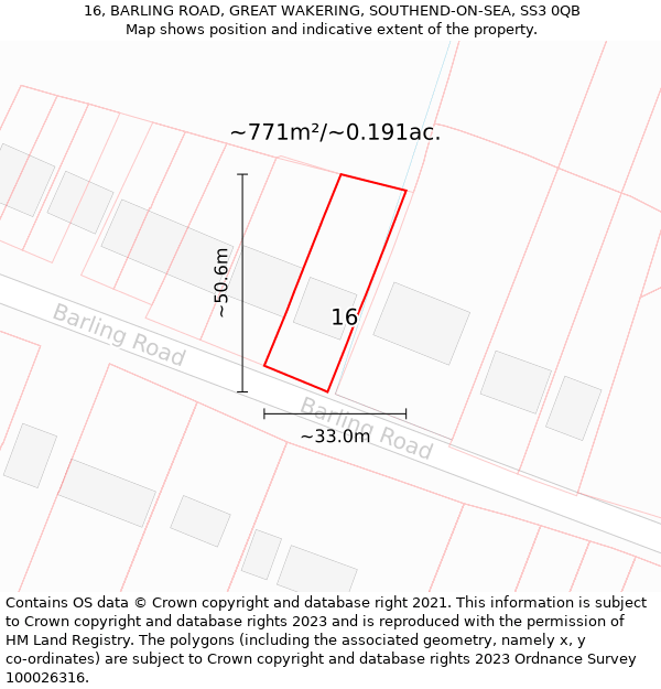 16, BARLING ROAD, GREAT WAKERING, SOUTHEND-ON-SEA, SS3 0QB: Plot and title map