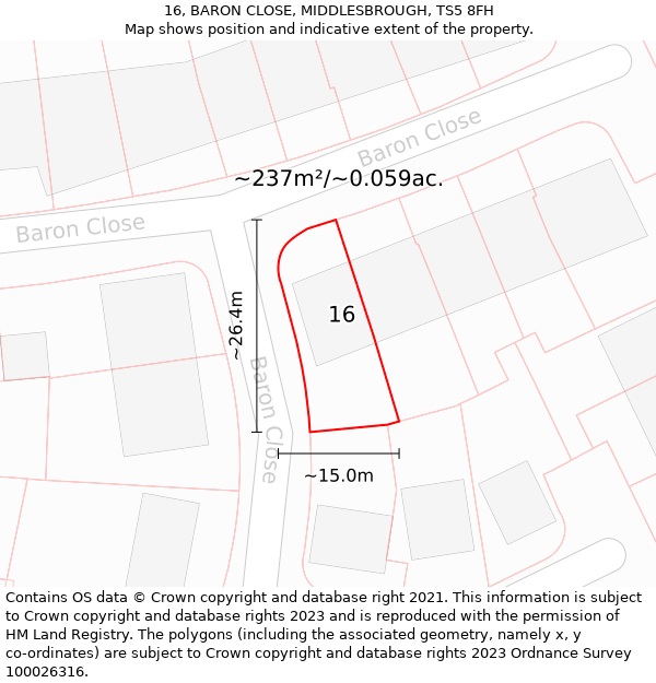 16, BARON CLOSE, MIDDLESBROUGH, TS5 8FH: Plot and title map