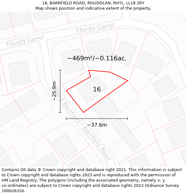 16, BARRFIELD ROAD, RHUDDLAN, RHYL, LL18 2RY: Plot and title map