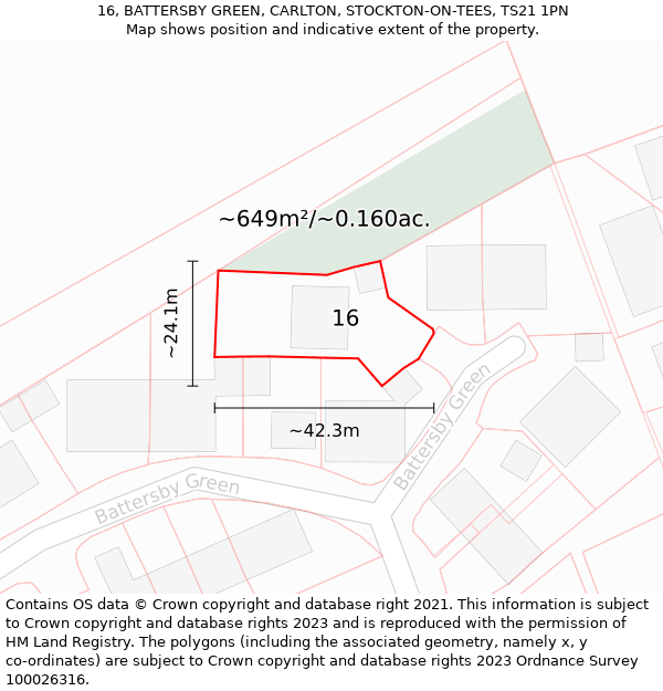 16, BATTERSBY GREEN, CARLTON, STOCKTON-ON-TEES, TS21 1PN: Plot and title map