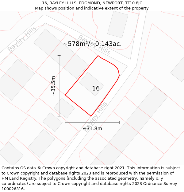 16, BAYLEY HILLS, EDGMOND, NEWPORT, TF10 8JG: Plot and title map