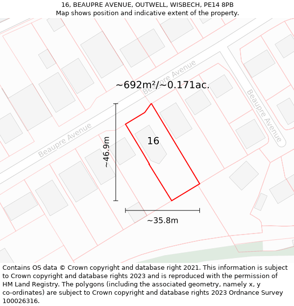 16, BEAUPRE AVENUE, OUTWELL, WISBECH, PE14 8PB: Plot and title map