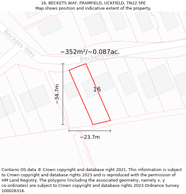 16, BECKETS WAY, FRAMFIELD, UCKFIELD, TN22 5PE: Plot and title map