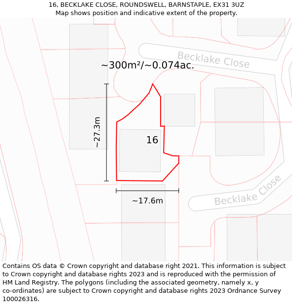 16, BECKLAKE CLOSE, ROUNDSWELL, BARNSTAPLE, EX31 3UZ: Plot and title map