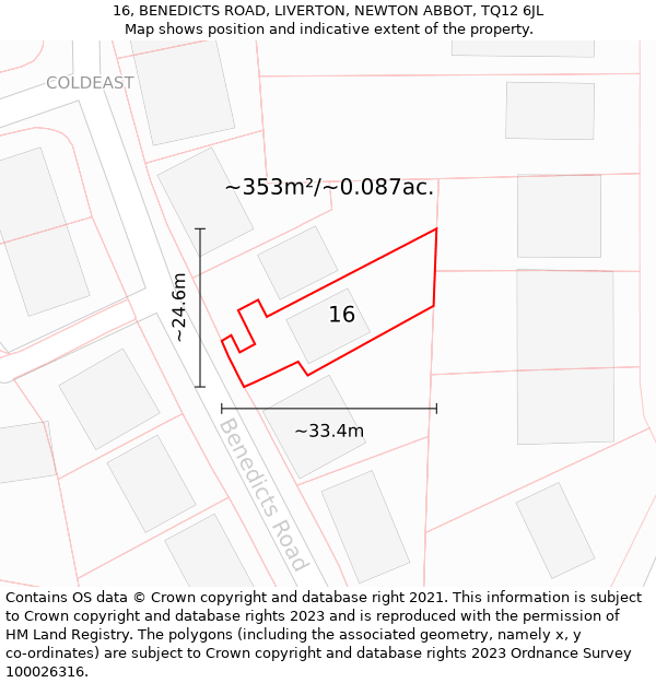 16, BENEDICTS ROAD, LIVERTON, NEWTON ABBOT, TQ12 6JL: Plot and title map