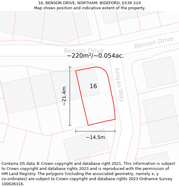 16, BENSON DRIVE, NORTHAM, BIDEFORD, EX39 1UX: Plot and title map