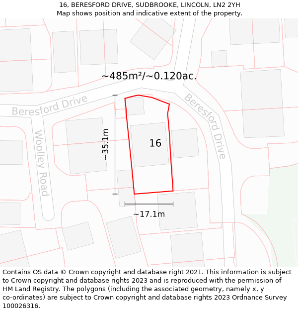 16, BERESFORD DRIVE, SUDBROOKE, LINCOLN, LN2 2YH: Plot and title map