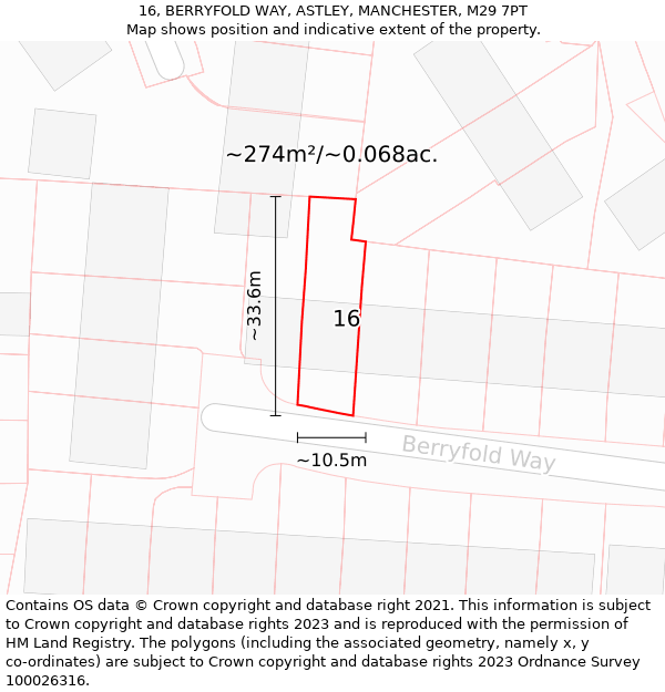 16, BERRYFOLD WAY, ASTLEY, MANCHESTER, M29 7PT: Plot and title map
