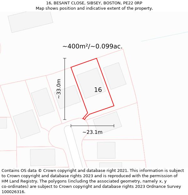 16, BESANT CLOSE, SIBSEY, BOSTON, PE22 0RP: Plot and title map