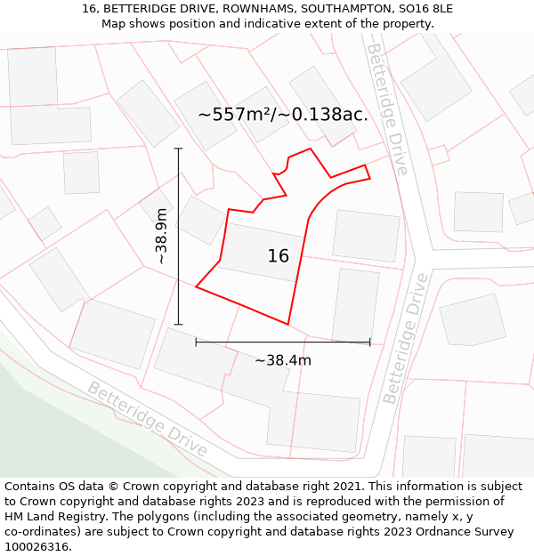 16, BETTERIDGE DRIVE, ROWNHAMS, SOUTHAMPTON, SO16 8LE: Plot and title map