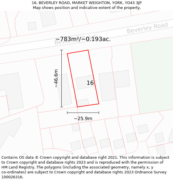 16, BEVERLEY ROAD, MARKET WEIGHTON, YORK, YO43 3JP: Plot and title map