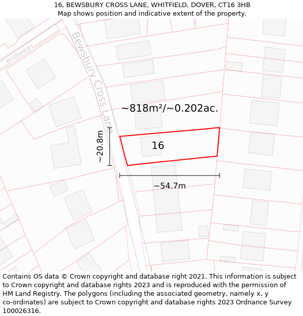 16, BEWSBURY CROSS LANE, WHITFIELD, DOVER, CT16 3HB: Plot and title map