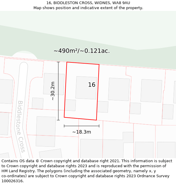 16, BIDDLESTON CROSS, WIDNES, WA8 9AU: Plot and title map